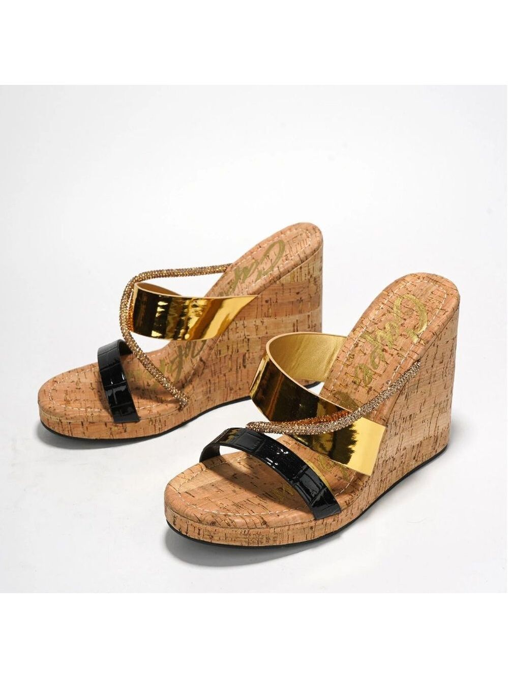 Xando Slip On Cork Wedge Slides Multi Size Triple Straps Rhinestones